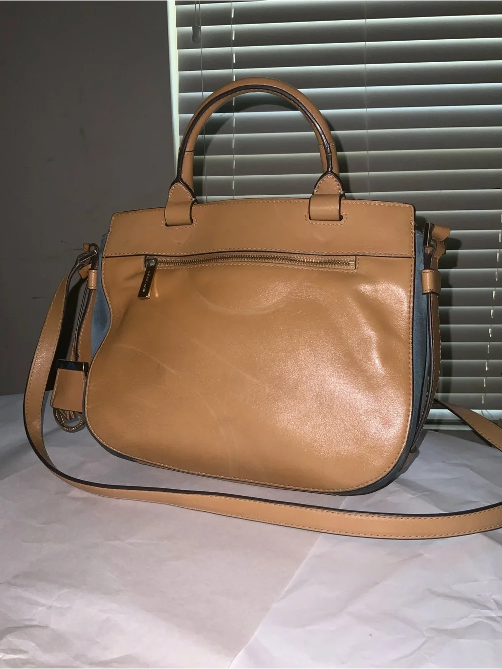 Michael Kors Blue Suede Crossbody Satchel with Tan Leather Trim